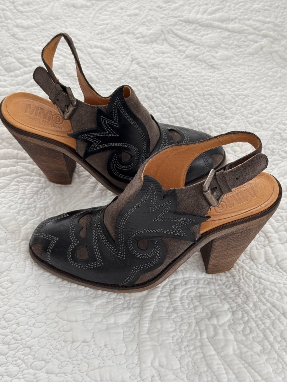 Maison Margiela MM6 Western Style Shoe Boot Taupe Suede with Black Leather
